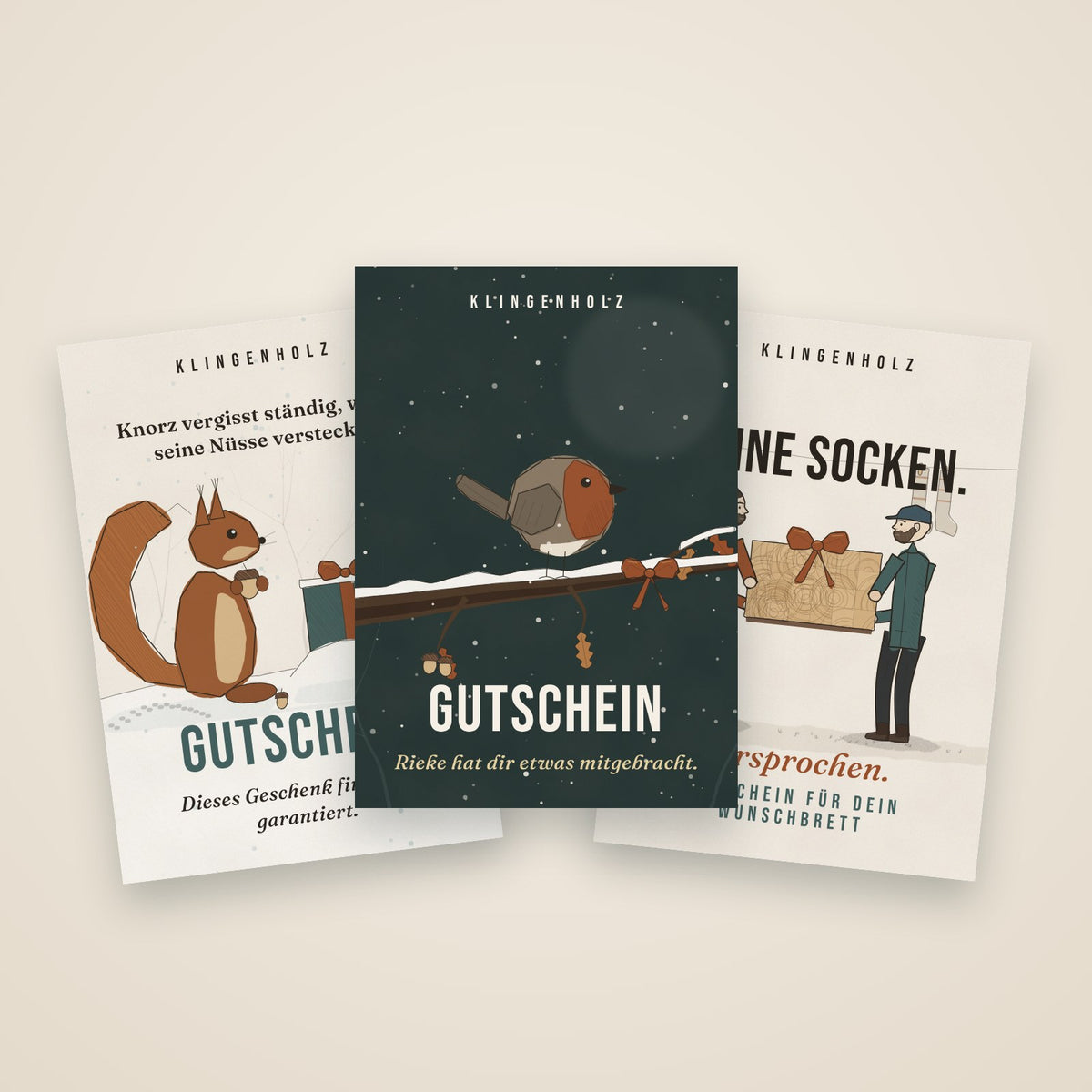 Drei Klingenholz-Geschenkkarten zum Ausdrucken: Knorz, Rieke im Schnee und Keine Socken