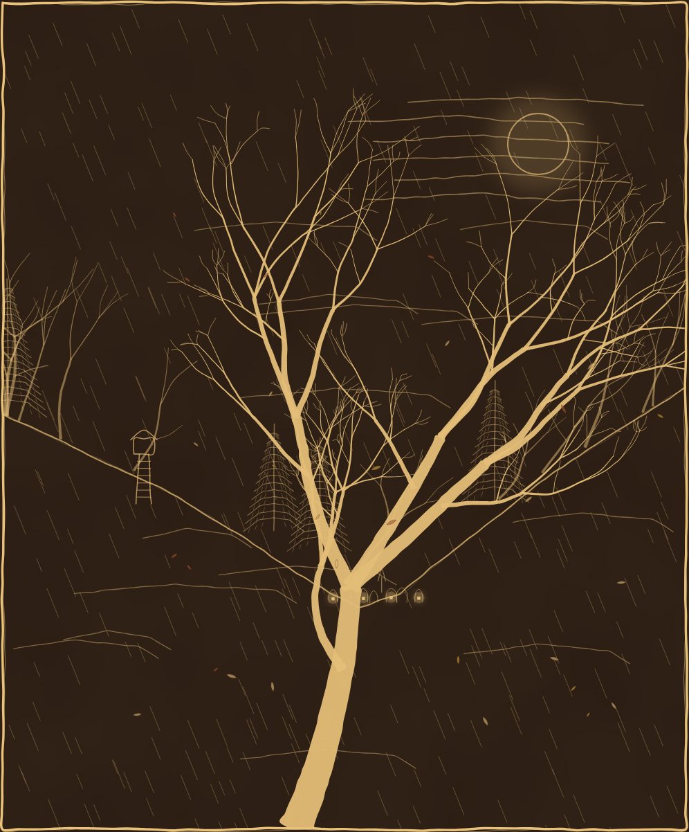 Nacht, Sturm über einem schmalen Waldtal. Die Bäume biegen sich, unten im Tal brennen Lichter, am Hang steht ein Hochsitz.
