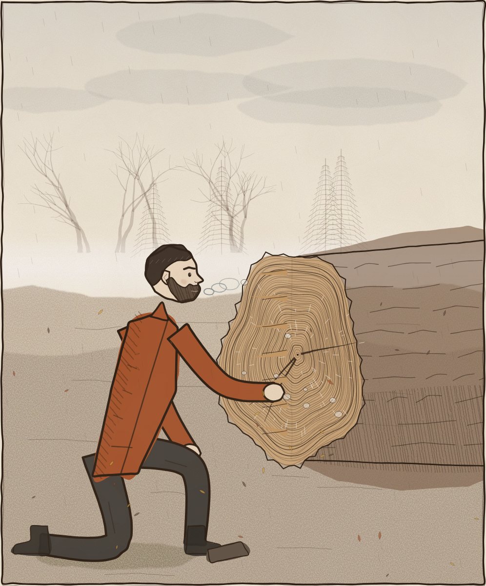 Falko kniet an der Bruchstelle des Stamms, sein Atem dampft in der Kälte, er berührt das nasse Holz.