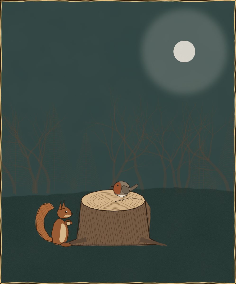 Nachts im Wald: Ein Rotkehlchen sitzt auf dem Stumpf der alten Eiche, davor ein Eichhörnchen. Am Himmel steht der Mond.